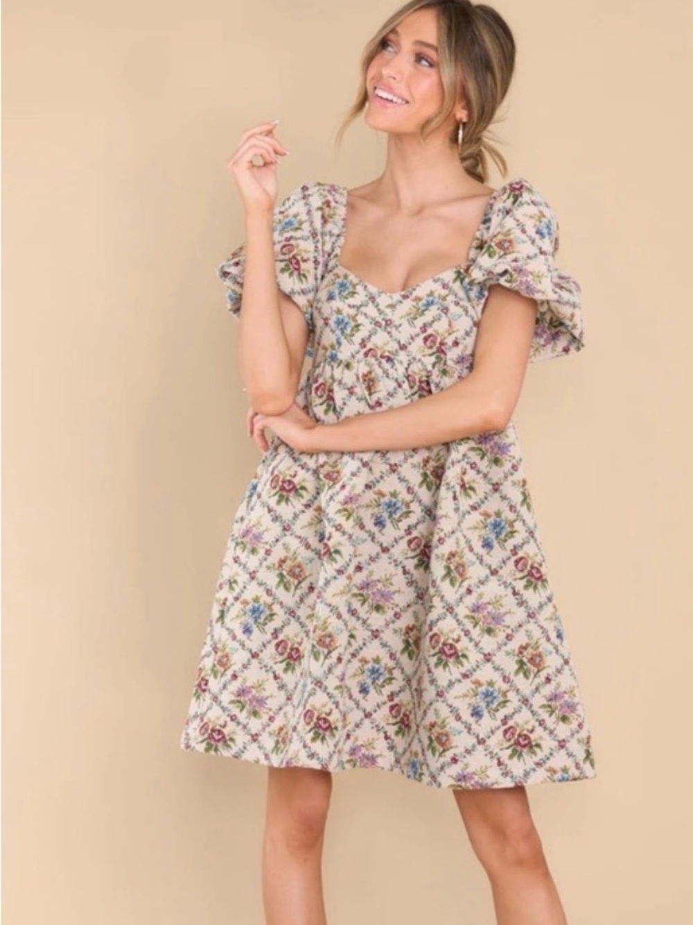 Vintage inspired ivory floral mini dress